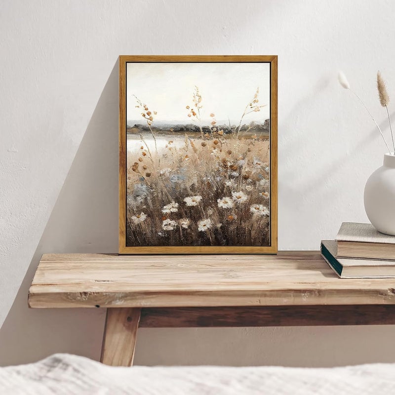 KBKBART Vintage Wall Art Framed, Retro Countryside Autumn Wildflower Field Landscape Canvas Painting Farmhouse Decor Wall Art - Image 4