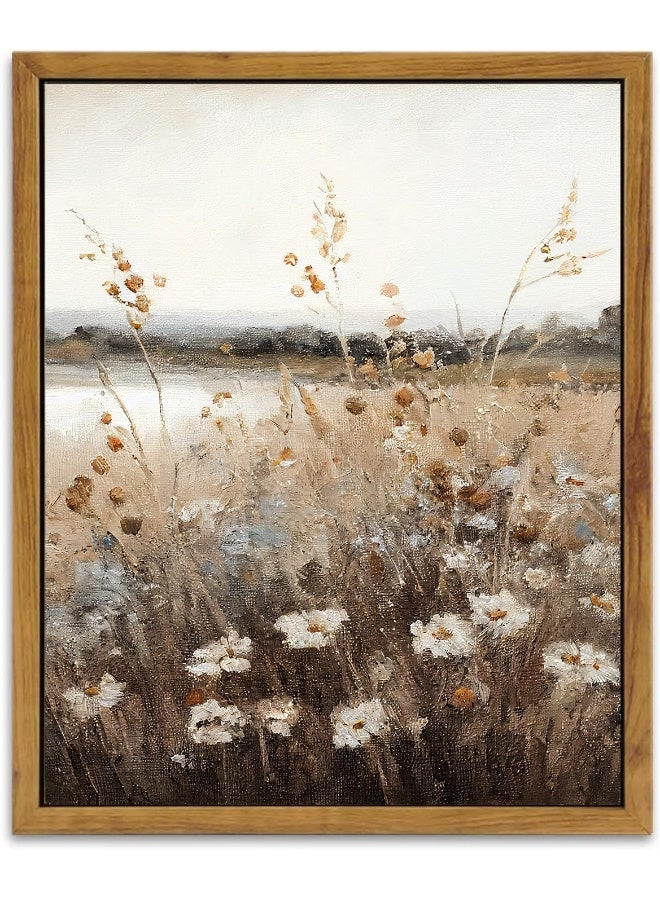 KBKBART Vintage Wall Art Framed, Retro Countryside Autumn Wildflower Field Landscape Canvas Painting Farmhouse Decor Wall Art - Image 1