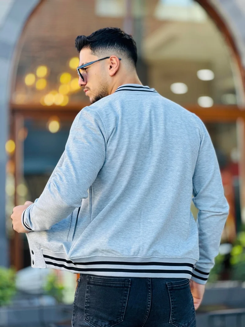 ميرون Gray Pique Textured Embroidery Detailed Regular Fit College Jacket