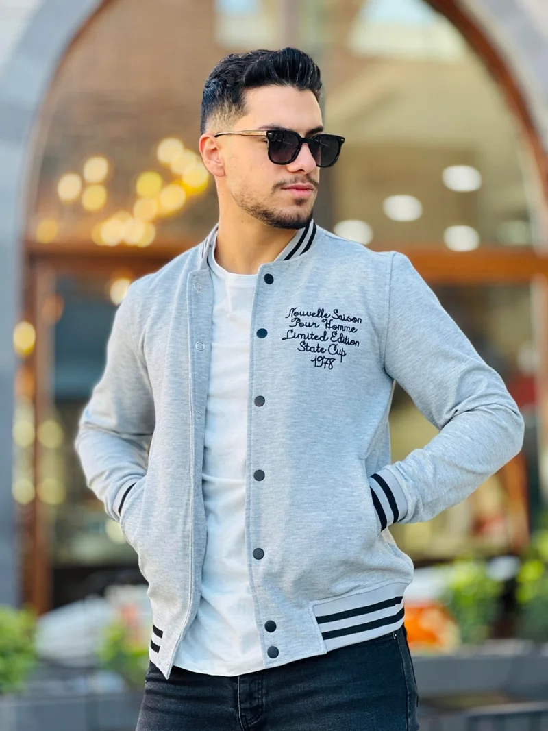 ميرون Gray Pique Textured Embroidery Detailed Regular Fit College Jacket