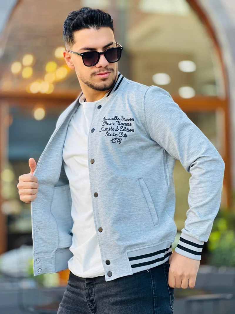 ميرون Gray Pique Textured Embroidery Detailed Regular Fit College Jacket