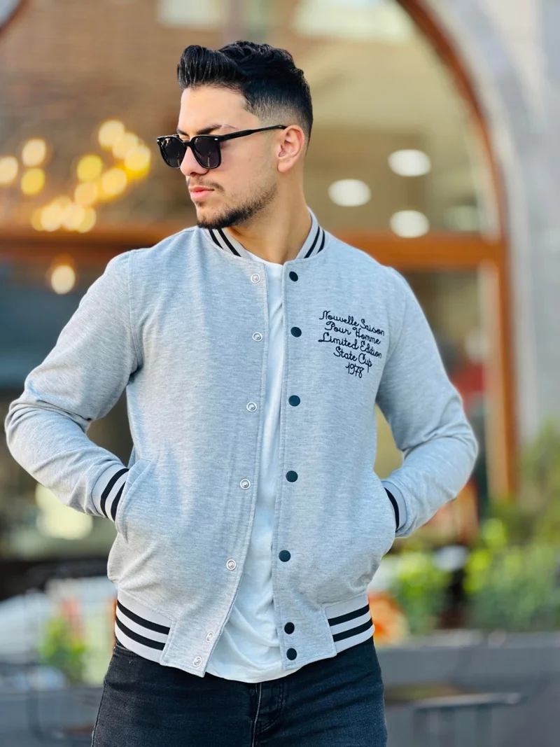 ميرون Gray Pique Textured Embroidery Detailed Regular Fit College Jacket