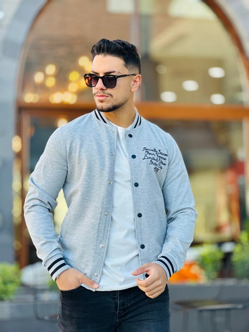 ميرون Gray Pique Textured Embroidery Detailed Regular Fit College Jacket