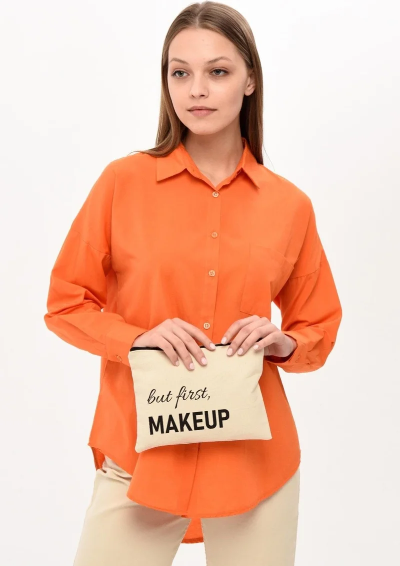 Çınar Bez Çanta Çınar Cloth Bag Clutch But First Makeup Printed Canvas Makeup Bag