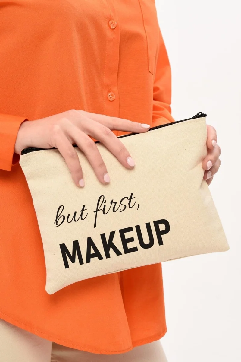 Çınar Bez Çanta Çınar Cloth Bag Clutch But First Makeup Printed Canvas Makeup Bag