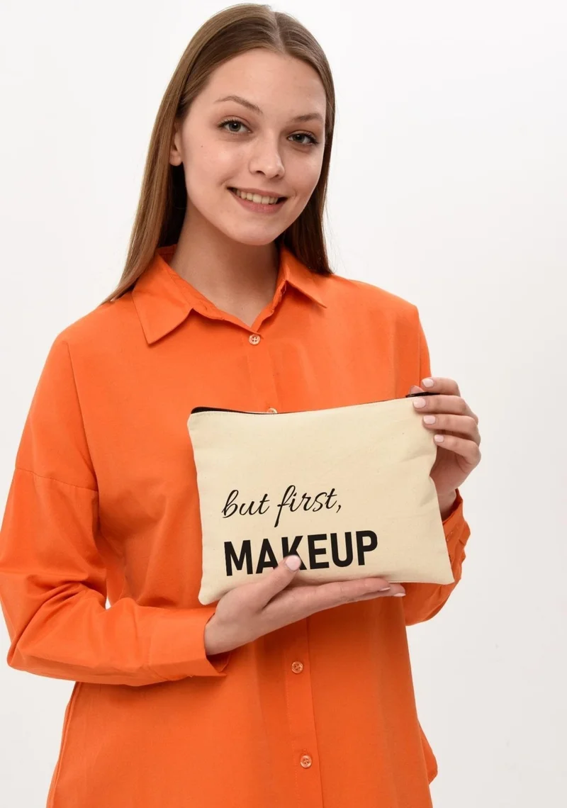 Çınar Bez Çanta Çınar Cloth Bag Clutch But First Makeup Printed Canvas Makeup Bag