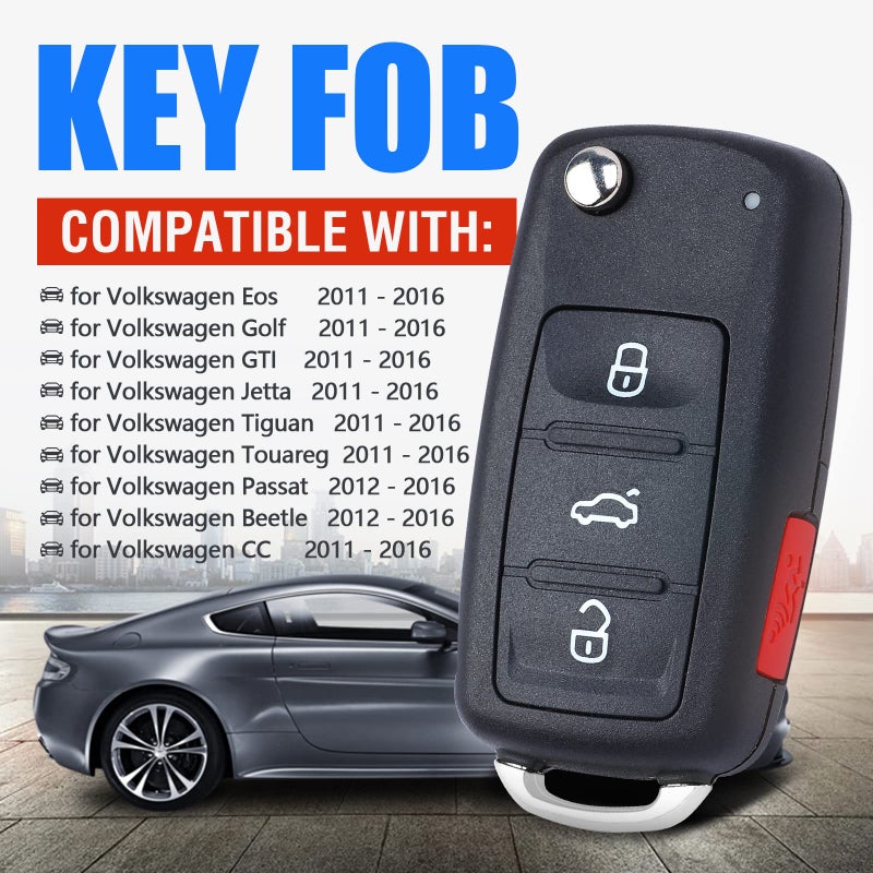 Keymall Flip Key Fob Keyless Entry Remote Control Replacement for Volkswagen Eos Golf GTI Jetta Tiguan Touareg Passat Beetle CC 2011-2016 FCC ID:NBG010180T P/N:5K0 837 202 AE ID48 Chip 3+1 Buttons - Image 3