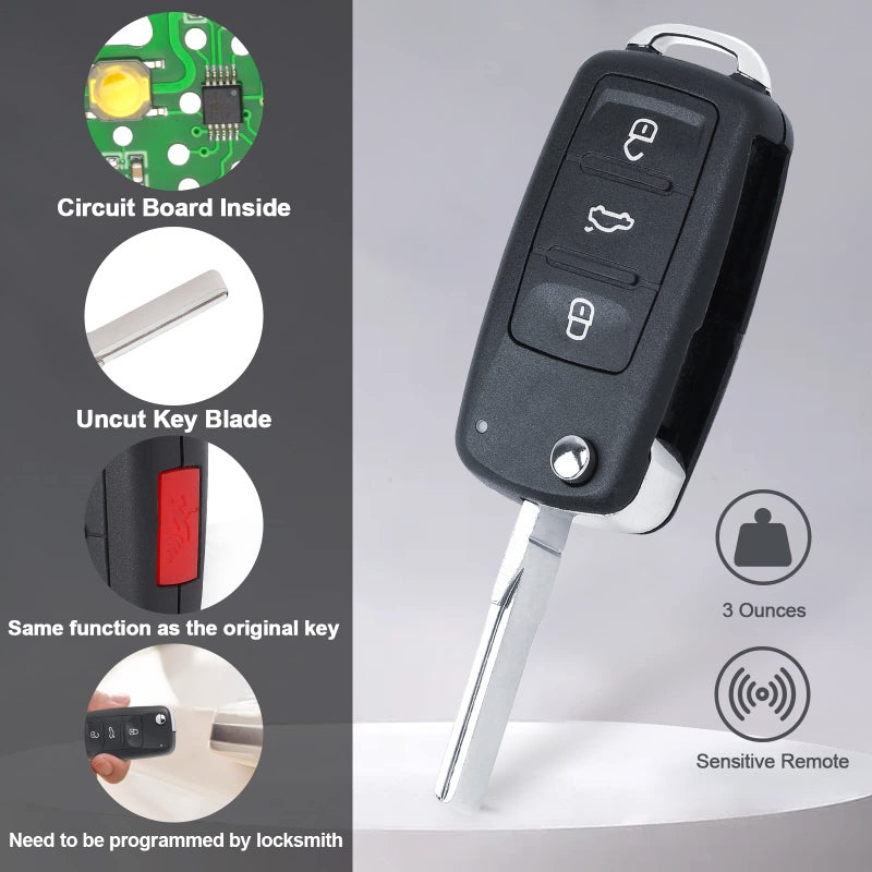 Keymall Flip Key Fob Keyless Entry Remote Control Replacement for Volkswagen Eos Golf GTI Jetta Tiguan Touareg Passat Beetle CC 2011-2016 FCC ID:NBG010180T P/N:5K0 837 202 AE ID48 Chip 3+1 Buttons - Image 5