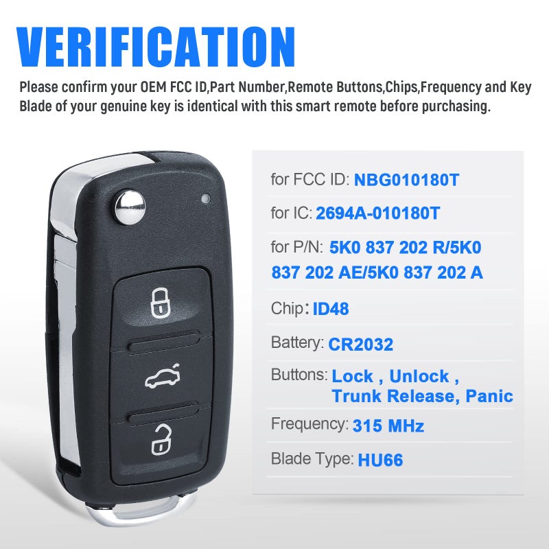 Keymall Flip Key Fob Keyless Entry Remote Control Replacement for Volkswagen Eos Golf GTI Jetta Tiguan Touareg Passat Beetle CC 2011-2016 FCC ID:NBG010180T P/N:5K0 837 202 AE ID48 Chip 3+1 Buttons - Image 2