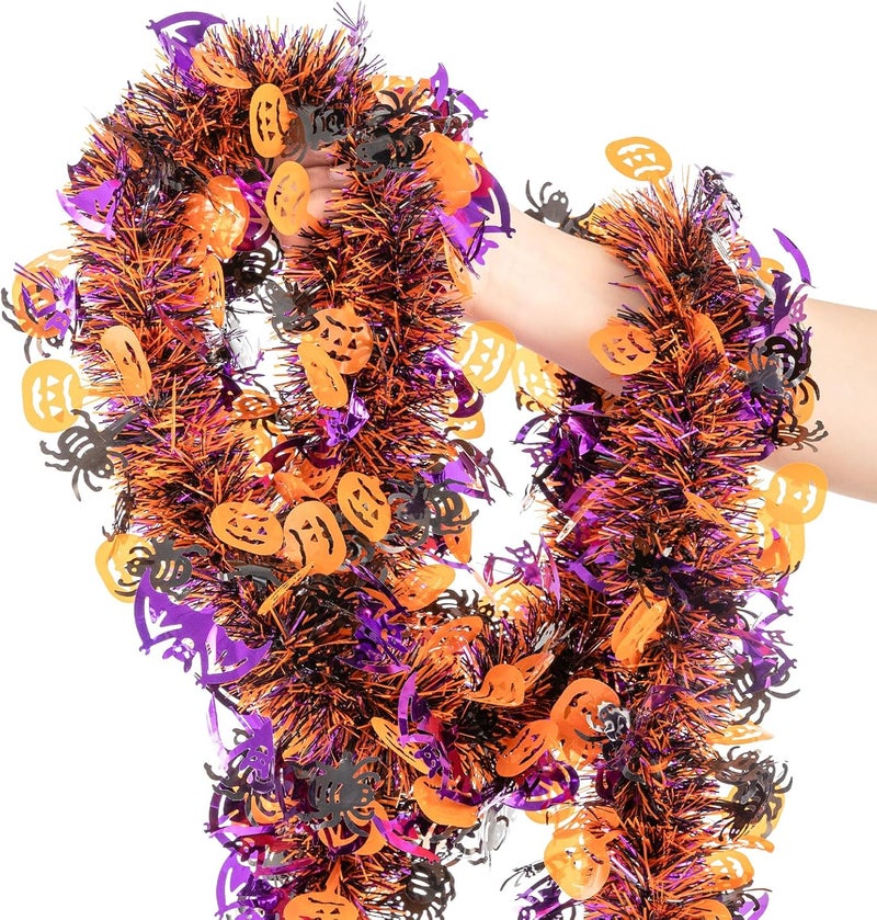 CIPOWM 33FT Halloween Tinsel Garland, Black Purple Orange Metallic Twist Foil Tinsel Garland with Pumpkin Spider Bat Ornaments Hanging Garland for Halloween Party Indoor Outdoor Decoration - Image 1