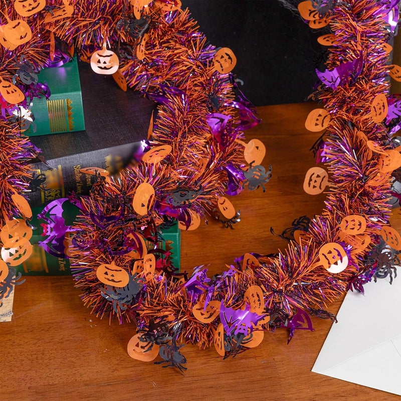 CIPOWM 33FT Halloween Tinsel Garland, Black Purple Orange Metallic Twist Foil Tinsel Garland with Pumpkin Spider Bat Ornaments Hanging Garland for Halloween Party Indoor Outdoor Decoration - Image 5