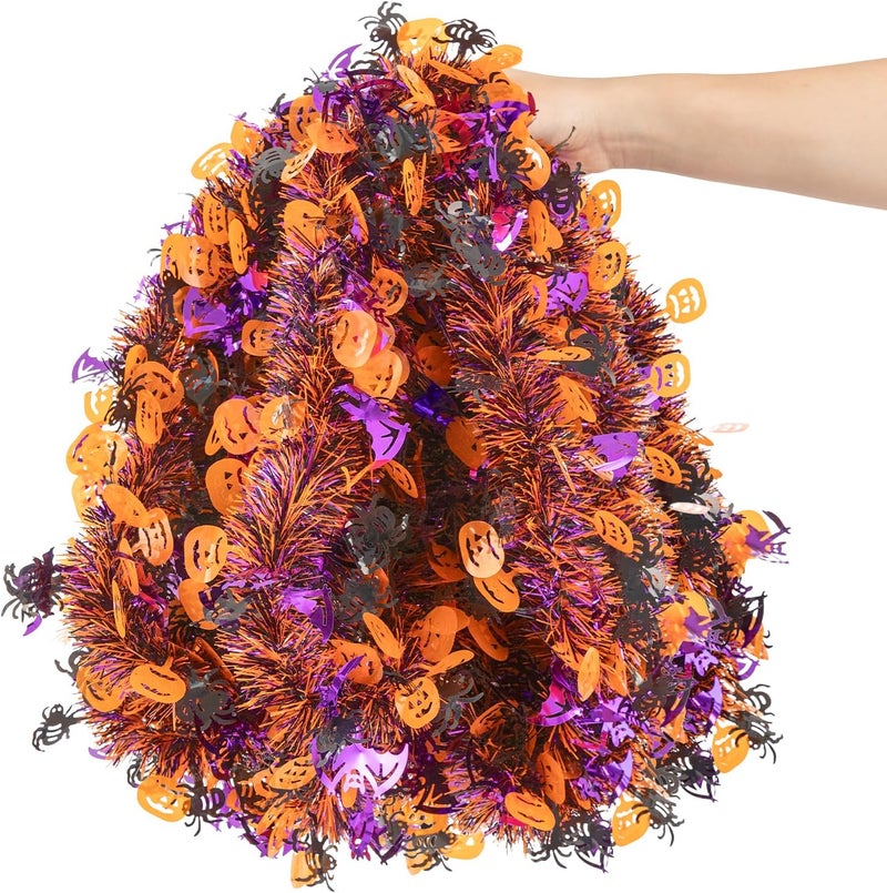 CIPOWM 33FT Halloween Tinsel Garland, Black Purple Orange Metallic Twist Foil Tinsel Garland with Pumpkin Spider Bat Ornaments Hanging Garland for Halloween Party Indoor Outdoor Decoration - Image 4