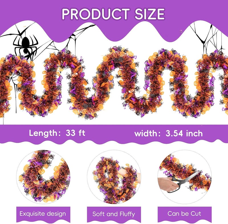 CIPOWM 33FT Halloween Tinsel Garland, Black Purple Orange Metallic Twist Foil Tinsel Garland with Pumpkin Spider Bat Ornaments Hanging Garland for Halloween Party Indoor Outdoor Decoration - Image 2