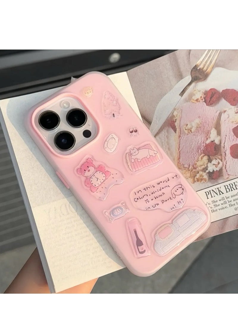 NIBEMINENT 3D Sticker Teddy Bear Protective TPU Case Cover For iPhone 16 Pro Max, Pink