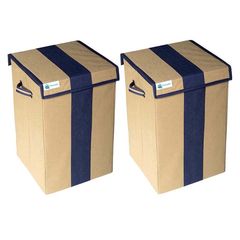 Unicrafts Laundry Bag for Clothes 68 L Laundry Basket With Lid Durable and Collapsible Laundry storage Bag with Side Handles Clothes Toys Storage Foldable Laundry Bag for Dirty Clothes Combo Pack of 2 Pc BeigeBlue - Image 1
