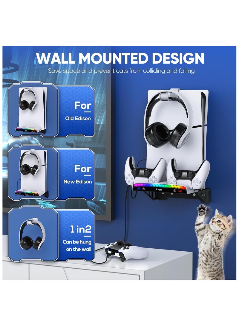 Wall Mount Kit for PS5 Slim/PS5 Console,Dual Charging Station Compatible with Playstation 5 Accessories (Disc ,Digital) with 15 RGB Light, 3 USB HUB, Headset Holder - Image 2