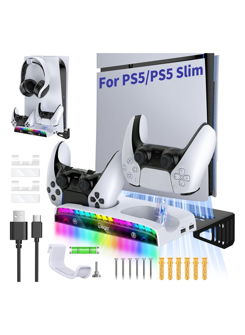 Wall Mount Kit for PS5 Slim/PS5 Console,Dual Charging Station Compatible with Playstation 5 Accessories (Disc ,Digital) with 15 RGB Light, 3 USB HUB, Headset Holder - Image 1