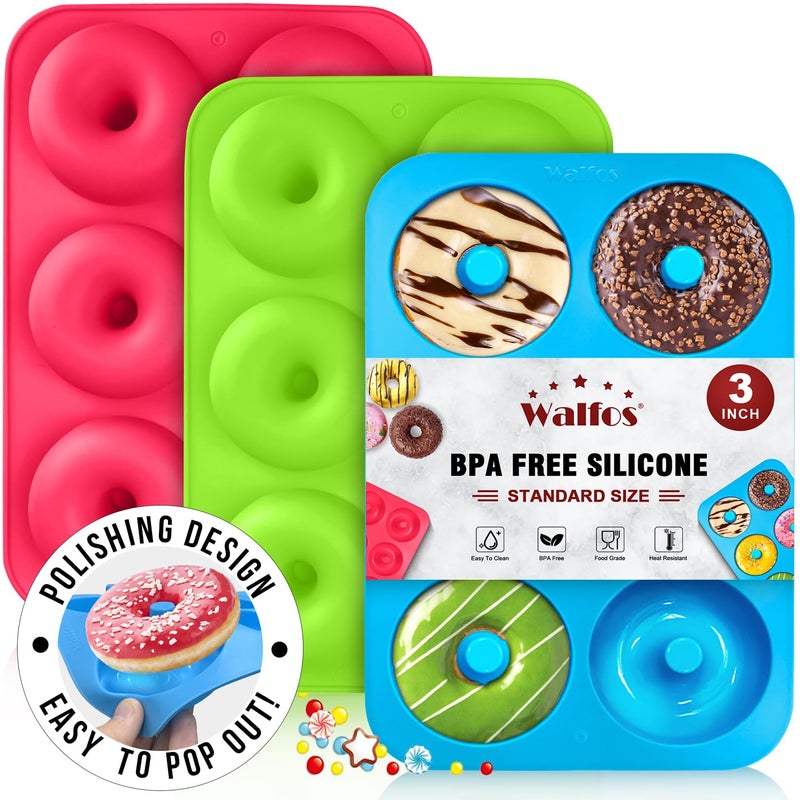 Walfos Silicone Donut Mold - Non-Stick Silicone Doughnut Pan Set, Just Pop Out! Heat Resistant, Make Perfect Donut Cake Biscuit Bagels, BPA FREE and Dishwasher Safe, Set of 3 - Image 1