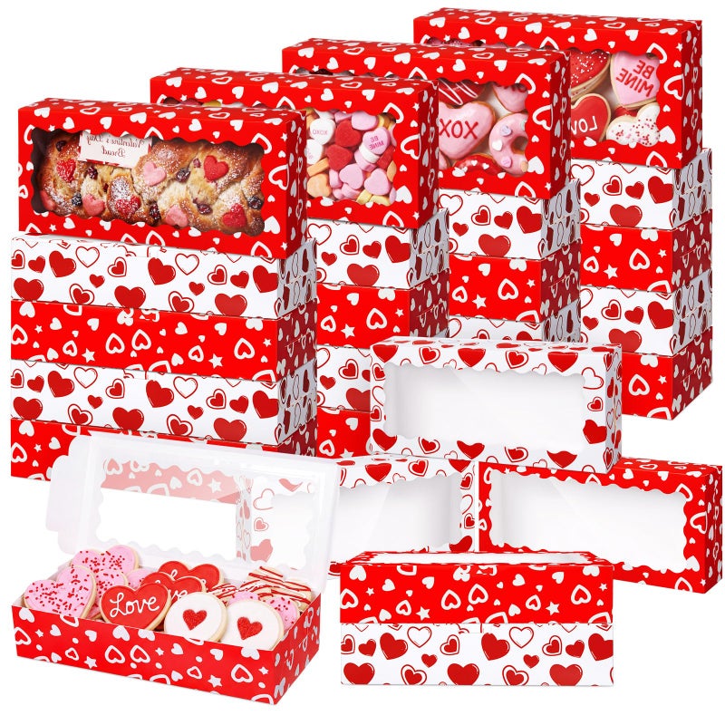 Tenceur 48 Pcs Pieces Valentine's Day Cookie Boxes with Window & Lid 12.5 x 5.5 x 2.5 Inch Red and White Heart Bakery Boxes Valentine's Day Candy Treat Food Container for Xmas Gift - Image 1