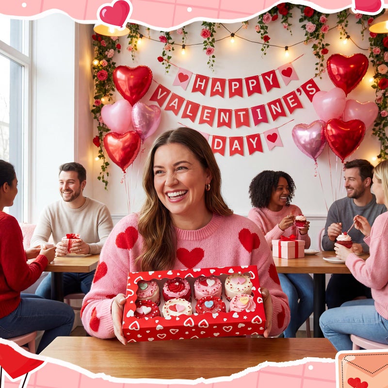 Tenceur 48 Pcs Pieces Valentine's Day Cookie Boxes with Window & Lid 12.5 x 5.5 x 2.5 Inch Red and White Heart Bakery Boxes Valentine's Day Candy Treat Food Container for Xmas Gift - Image 2