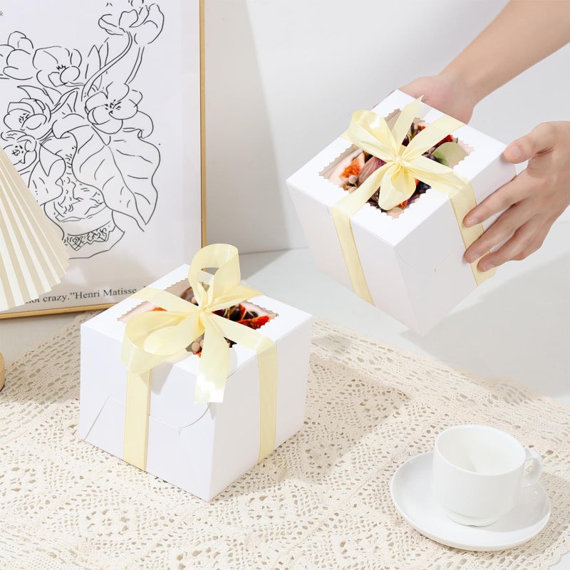 Retainbre 40Pcs 8X8X5 Inch Cake Boxes With Cake Boards Cake Boxes 8 Inch With Window Disposable Bakery Containers For Cookie Pastry Cupcakes Wedding Birthday Party Christmas (20 Boxes And 20 Boards  White) - Image 2
