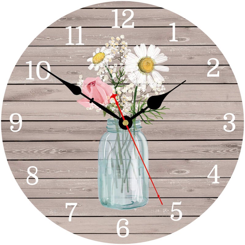 Toudorp Kitchen Wall Clock 8 Inch Battery Operated Vintage Round Wooden Wall Clocks Classic Flowers in Glass Bottle Style Pattern Art Decor Silent Wall Clock for Home Office Decoration