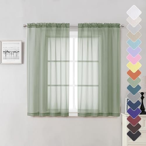 Lecloud Short Sheer Curtains 54 Inches Length 2 Panels, Light Filtering Voile Curtain Drapes for Half Window Kitchen Bedroom, Basic Rod Pocket Living Room Sheer Curtains, 40Wx54L Inches, Sage Green - Image 1