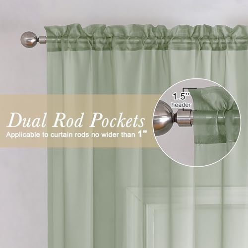 Lecloud Short Sheer Curtains 54 Inches Length 2 Panels, Light Filtering Voile Curtain Drapes for Half Window Kitchen Bedroom, Basic Rod Pocket Living Room Sheer Curtains, 40Wx54L Inches, Sage Green - Image 2