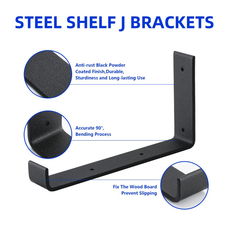 Home Master Hardware 4 Pack Shelf Brackets, Heavy Duty 9 Inch J Shelf Bracket with Lip, Industrial Wall-Mounted Floating Supports for 8.8" Wide Lumber Board, Matte Black, HOME MASTER HARDWARE - Image 2