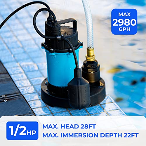 BOMGIE 1/2HP Sump Pump 2980GPH Submersible Water Pump with Automatic Float Switch, Clean/Dirty Water Utility Pump for Pool Draining, Basement Flooding, Irrigation with 10ft Power Cord - Image 2
