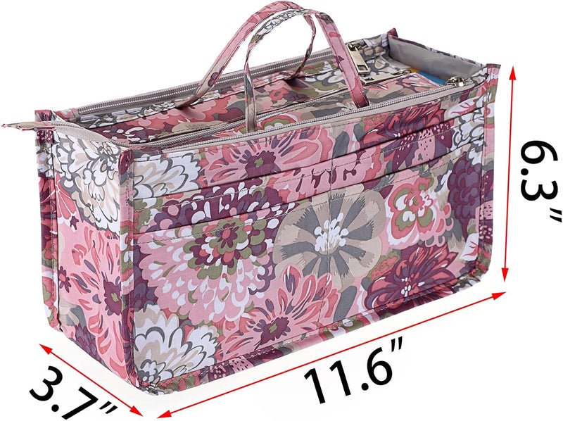 BTSKY Printing Handbag Organizers Inside Purse Insert - High Capacity 13 Pockets Bag Tote Organizer with Handle (Peony) - Image 3