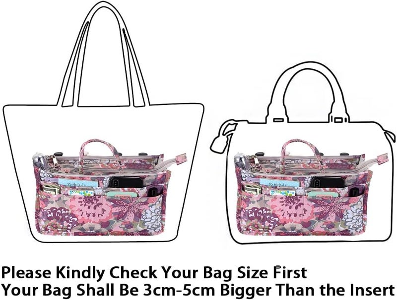 BTSKY Printing Handbag Organizers Inside Purse Insert - High Capacity 13 Pockets Bag Tote Organizer with Handle (Peony) - Image 4