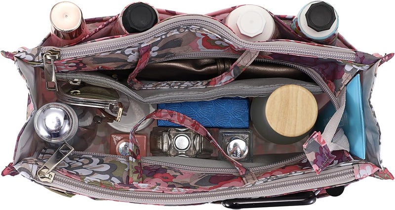 BTSKY Printing Handbag Organizers Inside Purse Insert - High Capacity 13 Pockets Bag Tote Organizer with Handle (Peony) - Image 2