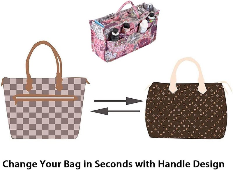 BTSKY Printing Handbag Organizers Inside Purse Insert - High Capacity 13 Pockets Bag Tote Organizer with Handle (Peony) - Image 5