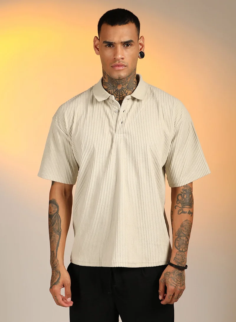 CAHOOT  Men's Saltbox Beige Ribbed Oversized Polo T-Shirt For Casual Wear | Polo Neck | Short Sleeve | Half-Zip Closure | T-Shirt Crafted With Comfort Fit For Everyday Wear for Men | Best Price UAE