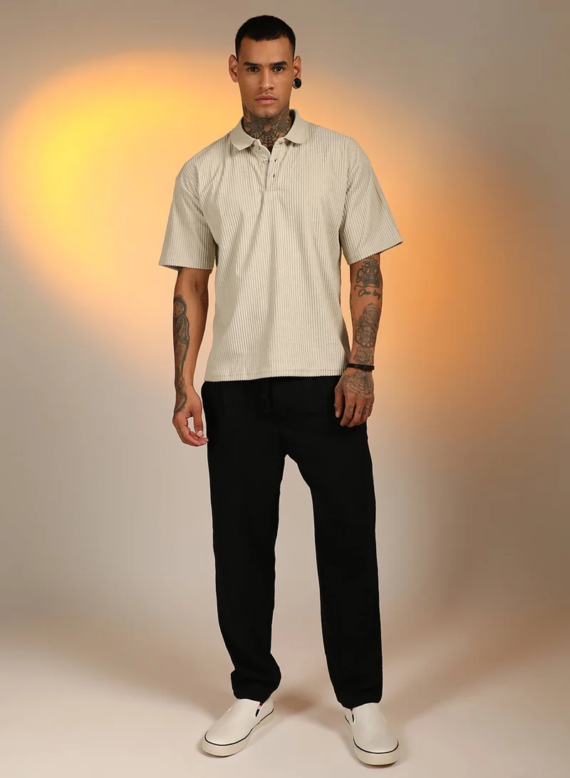 CAHOOT  Men's Saltbox Beige Ribbed Oversized Polo T-Shirt For Casual Wear | Polo Neck | Short Sleeve | Half-Zip Closure | T-Shirt Crafted With Comfort Fit For Everyday Wear for Men | Best Price UAE