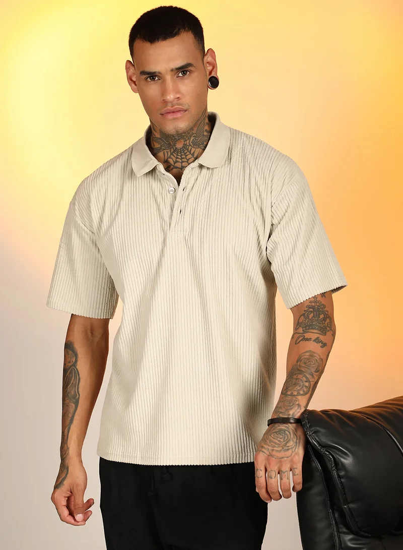 Men's Saltbox Beige Ribbed Oversized Polo T-Shirt For Casual Wear | Polo Neck | Short Sleeve | Half-Zip Closure | T-Shirt Crafted With Comfort Fit For Everyday Wear
