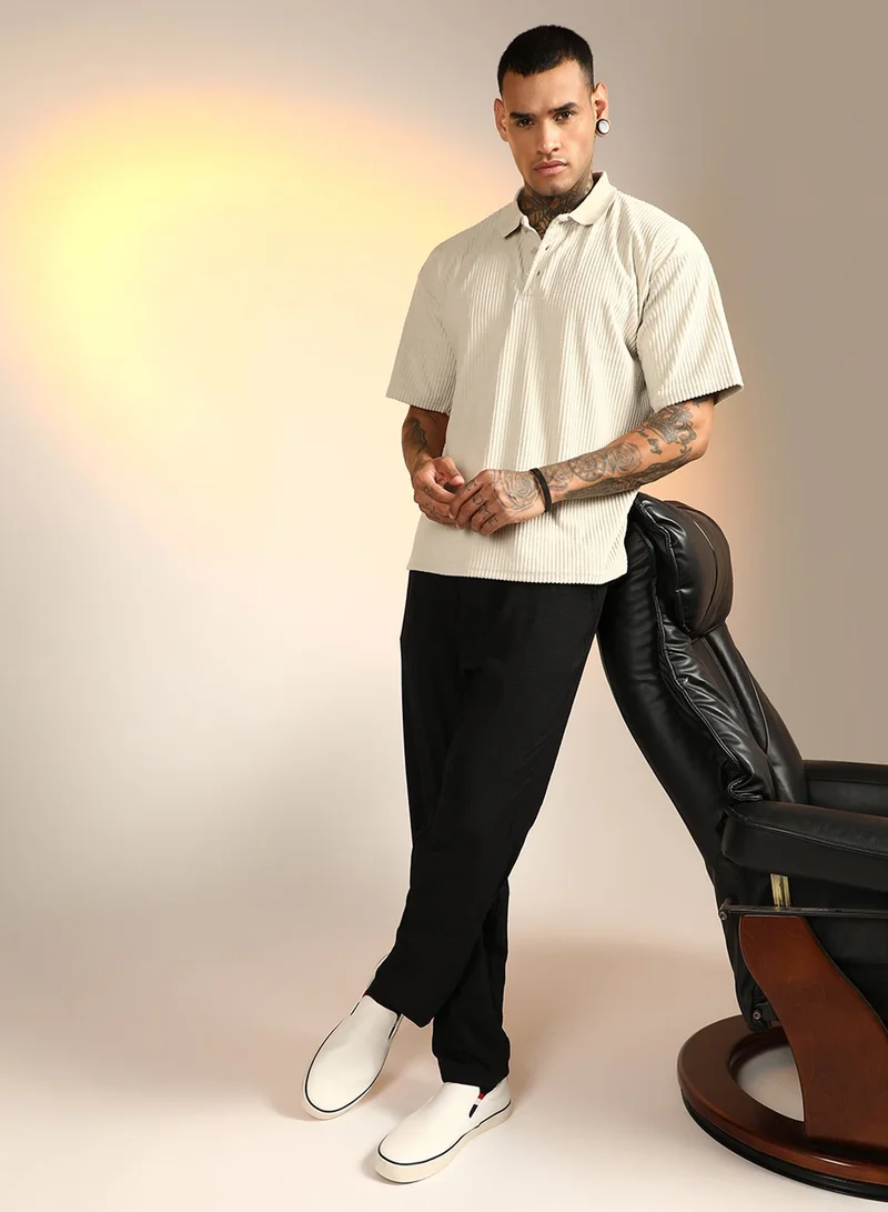 CAHOOT  Men's Saltbox Beige Ribbed Oversized Polo T-Shirt For Casual Wear | Polo Neck | Short Sleeve | Half-Zip Closure | T-Shirt Crafted With Comfort Fit For Everyday Wear for Men | Best Price UAE