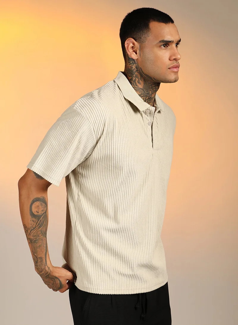 CAHOOT  Men's Saltbox Beige Ribbed Oversized Polo T-Shirt For Casual Wear | Polo Neck | Short Sleeve | Half-Zip Closure | T-Shirt Crafted With Comfort Fit For Everyday Wear for Men | Best Price UAE