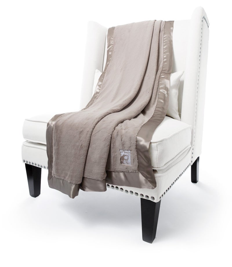 Little Giraffe Chenille Throw Blanket - At Home Soft Throw Blanket for Couch - Luxe Faux Fur Throw Blanket with Satin Trim - 45 x 59" - Flax - Image 1