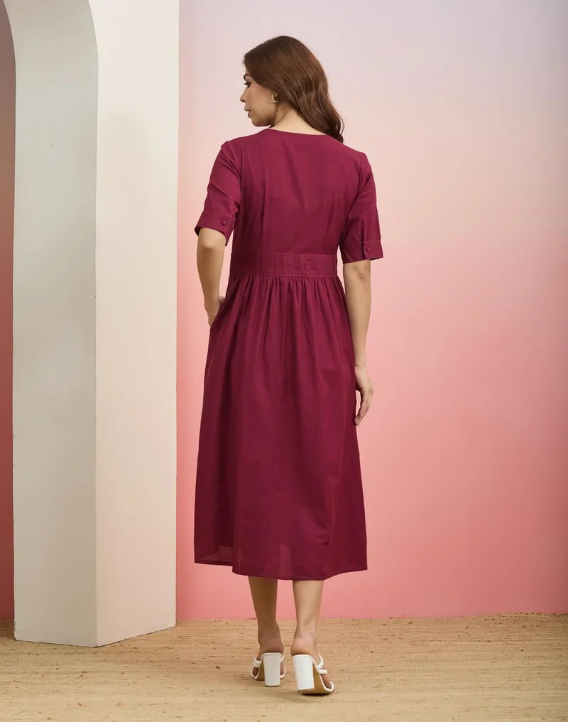 Fabindia  Burgandy Cotton Linen Embroidered Dress for Women | Best Price UAE