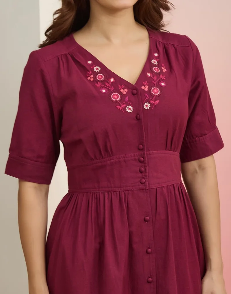 Fabindia  Burgandy Cotton Linen Embroidered Dress for Women | Best Price UAE