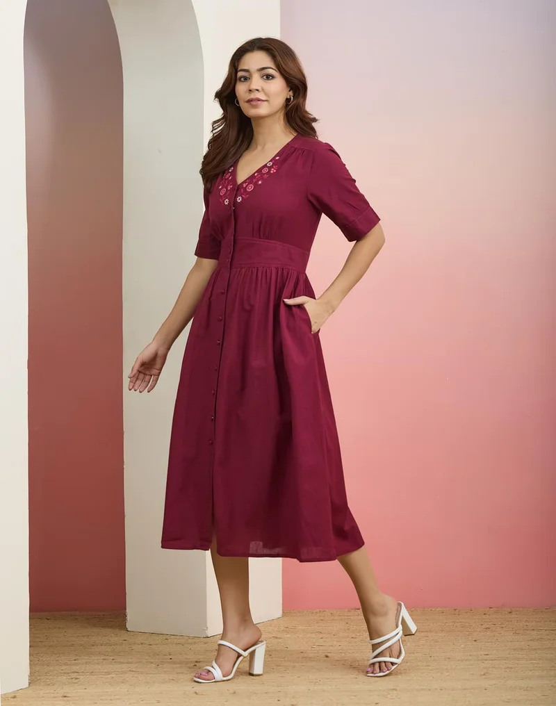 Fabindia  Burgandy Cotton Linen Embroidered Dress for Women | Best Price UAE
