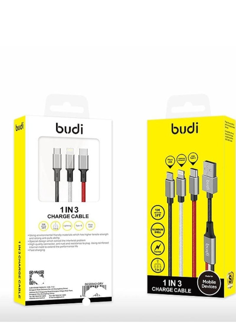 budi BUDI 3 IN 1 CHARGE CABLE LIGHTENING/ TYPE C/ MICRO USB1 METER DC203A8  - Image 4
