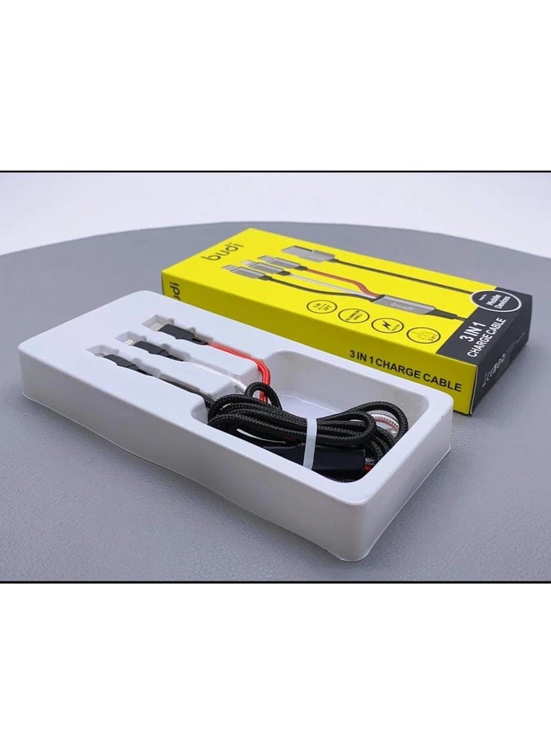 budi BUDI 3 IN 1 CHARGE CABLE LIGHTENING/ TYPE C/ MICRO USB1 METER DC203A8  - Image 3