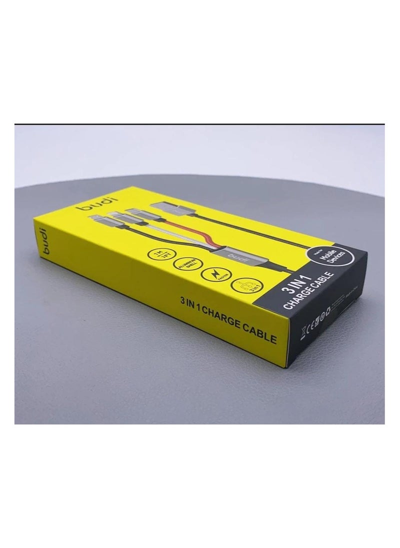 budi BUDI 3 IN 1 CHARGE CABLE LIGHTENING/ TYPE C/ MICRO USB1 METER DC203A8  - Image 2