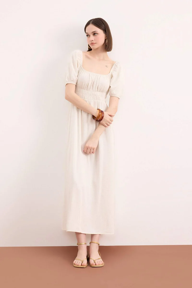 ديفاكتو Square Collar Linen Blend Short Sleeve Midi Dress