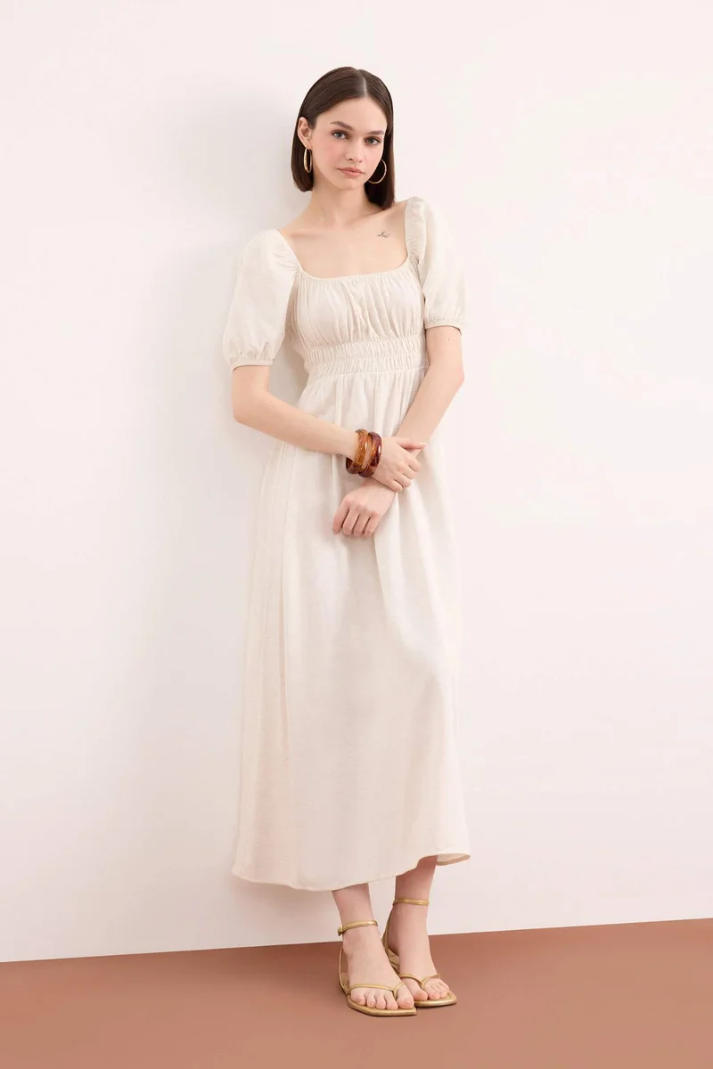 ديفاكتو Square Collar Linen Blend Short Sleeve Midi Dress