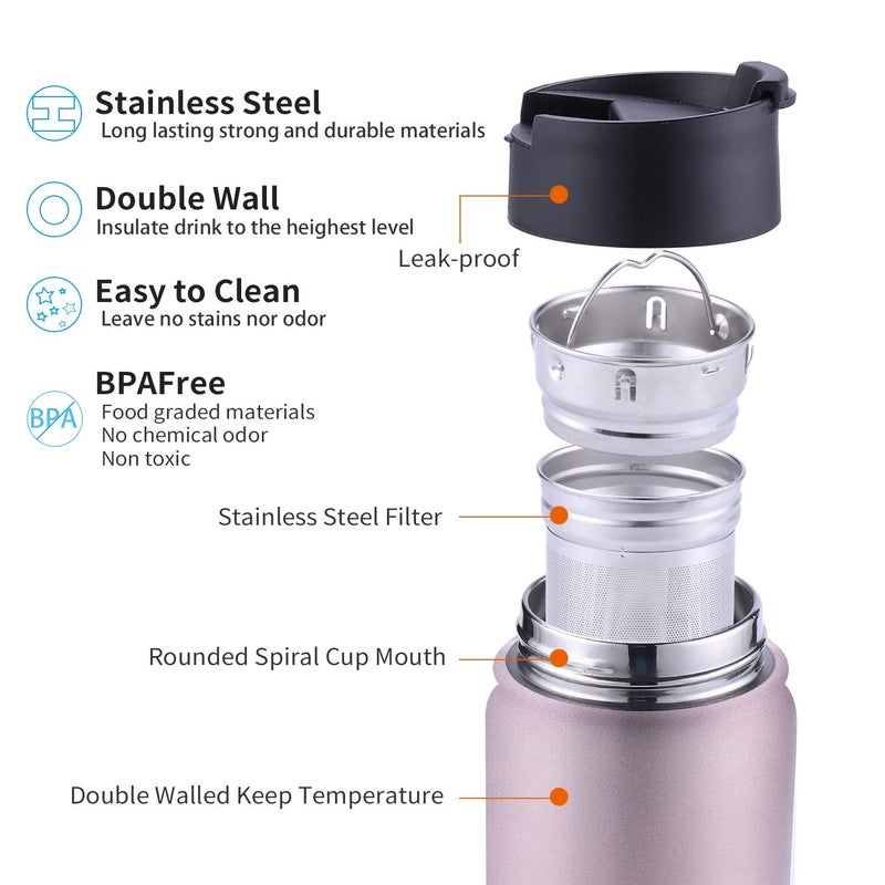 Sivaphe Infuser Travel Mug with Removable loose leaf Tea Strainer Bottle 18/8 Stainless Steel Insulated Tumbler for Women Rosegold - Image 3