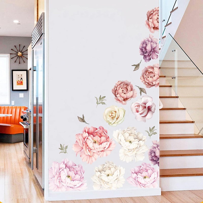 iinuu Large Floral Wall Decals 15 Peonies Flower Set Stickers for Bedroom Living Room Nursery Elegant Floral Decals for Home Decor Boho Botanical Style - Image 1